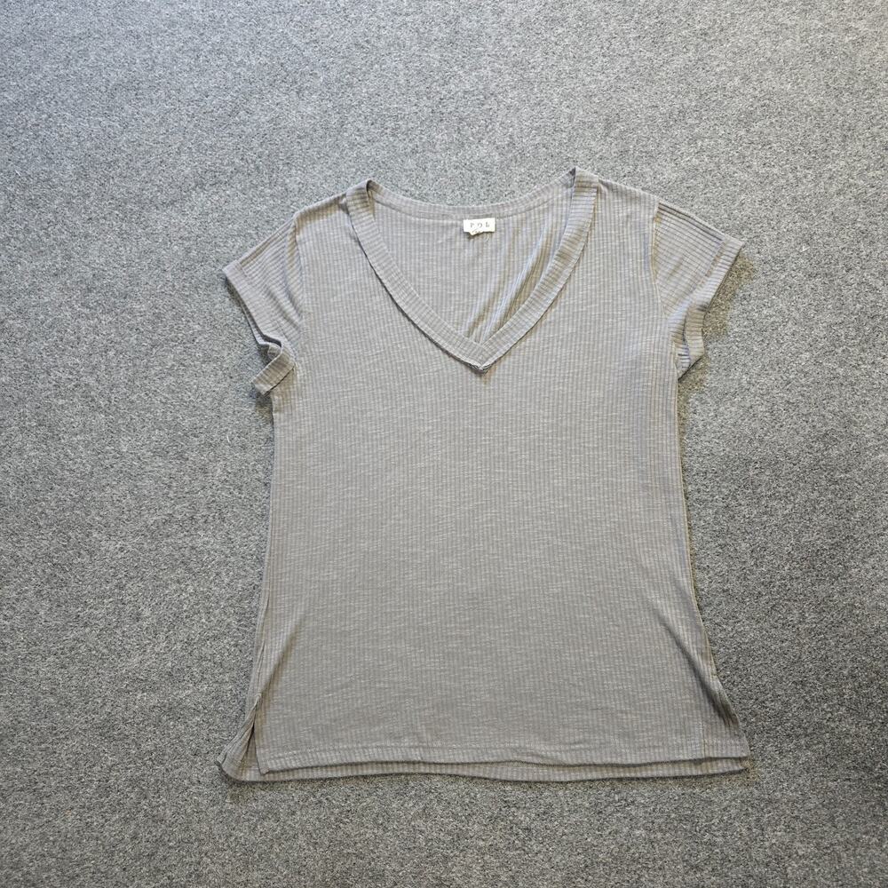 POL Top Womens Medium Gray Boxy Waffle Knit Short Sleeve Stretch V Neck Casual